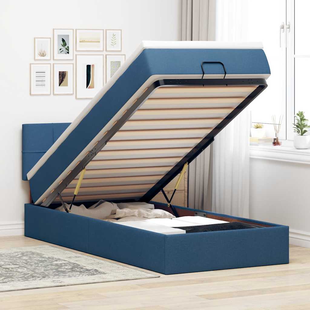 Ottoman Seng Med Madras & Leds Stof Blå - Blok med firkanter / 100 x 200 cm