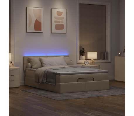 vidaXL Οθωμανικό κρεβάτι με στρώμα & LEDs Cream 140x190cm Ύφασμα