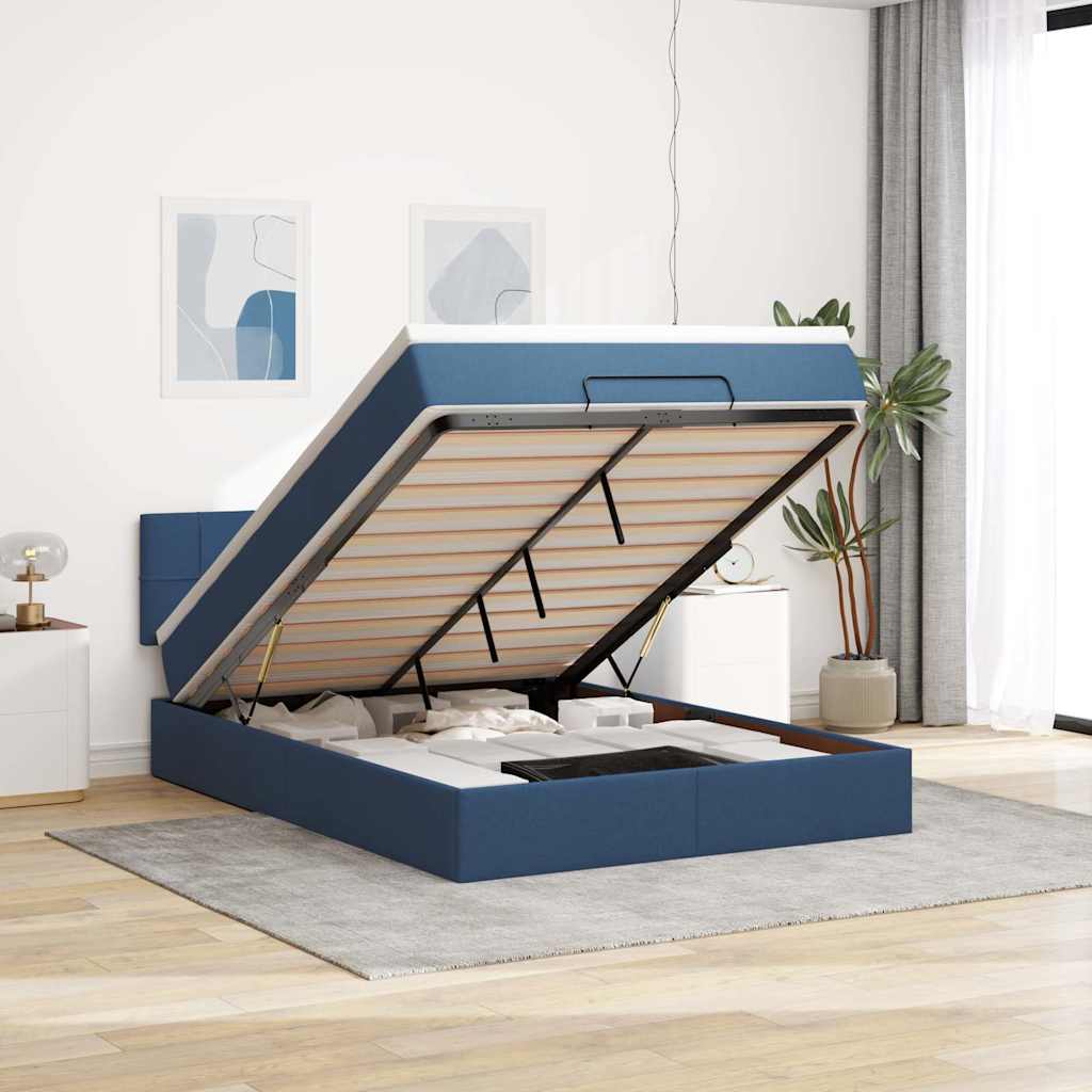 vidaXL Pat otoman cu saltea și LED-uri albastru 140x190 cm țesătură