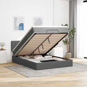 Otomanska postelja z vzmetnico & LEDs siv 140x200 cm blago