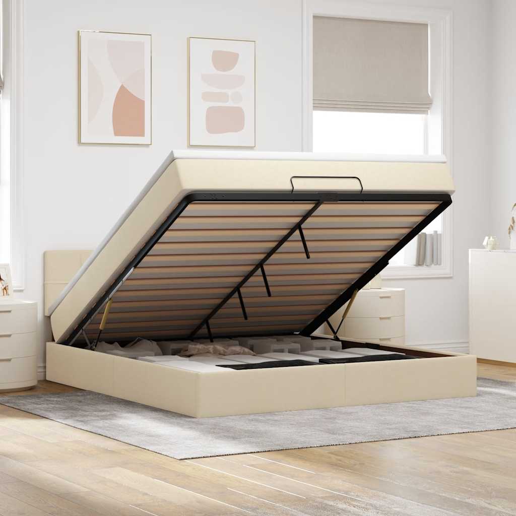 Ottoman seng med madras og LED-lys 180×200 cm - stof, cremefarvet