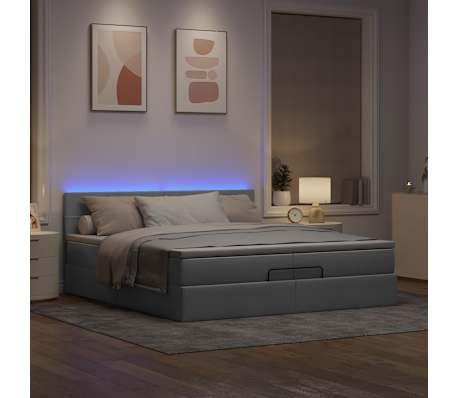 vidaXL Οθωμανικό κρεβάτι με στρώματα & LEDs Ανοιχτό γκρι ύφασμα