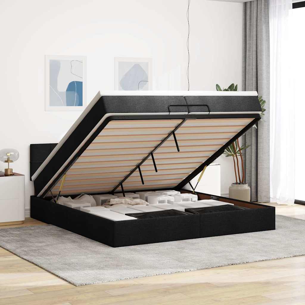 Osmannisk sengeramme med opbevaring inkl. madrasser 200 x 200 cm - stof, sort