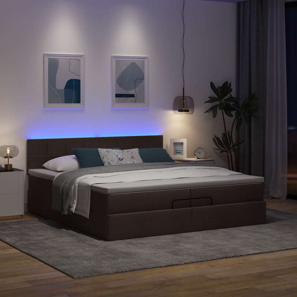 vidaXL Ottoman bed met matrassen en LED's 200x200cm stof donkerbruin afbeelding