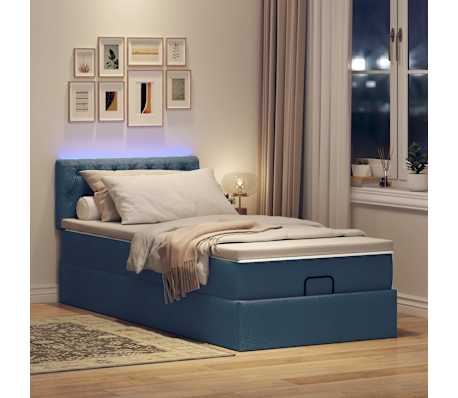 vidaXL Οθωμανικό κρεβάτι με στρώμα & LEDs Μπλε 90x190cm ύφασμα