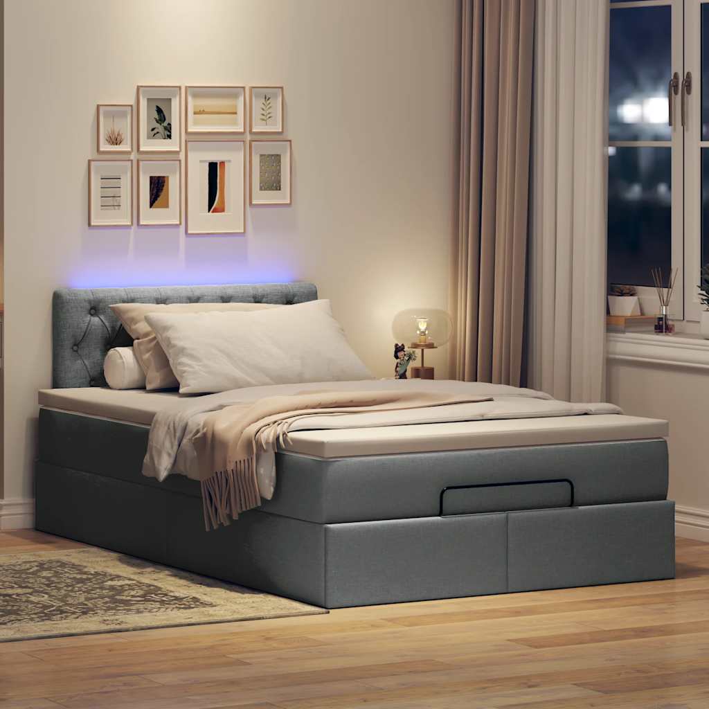 vidaXL sötétszürke szövet ottomán ágy matraccal & LED-ek 120x200 cm