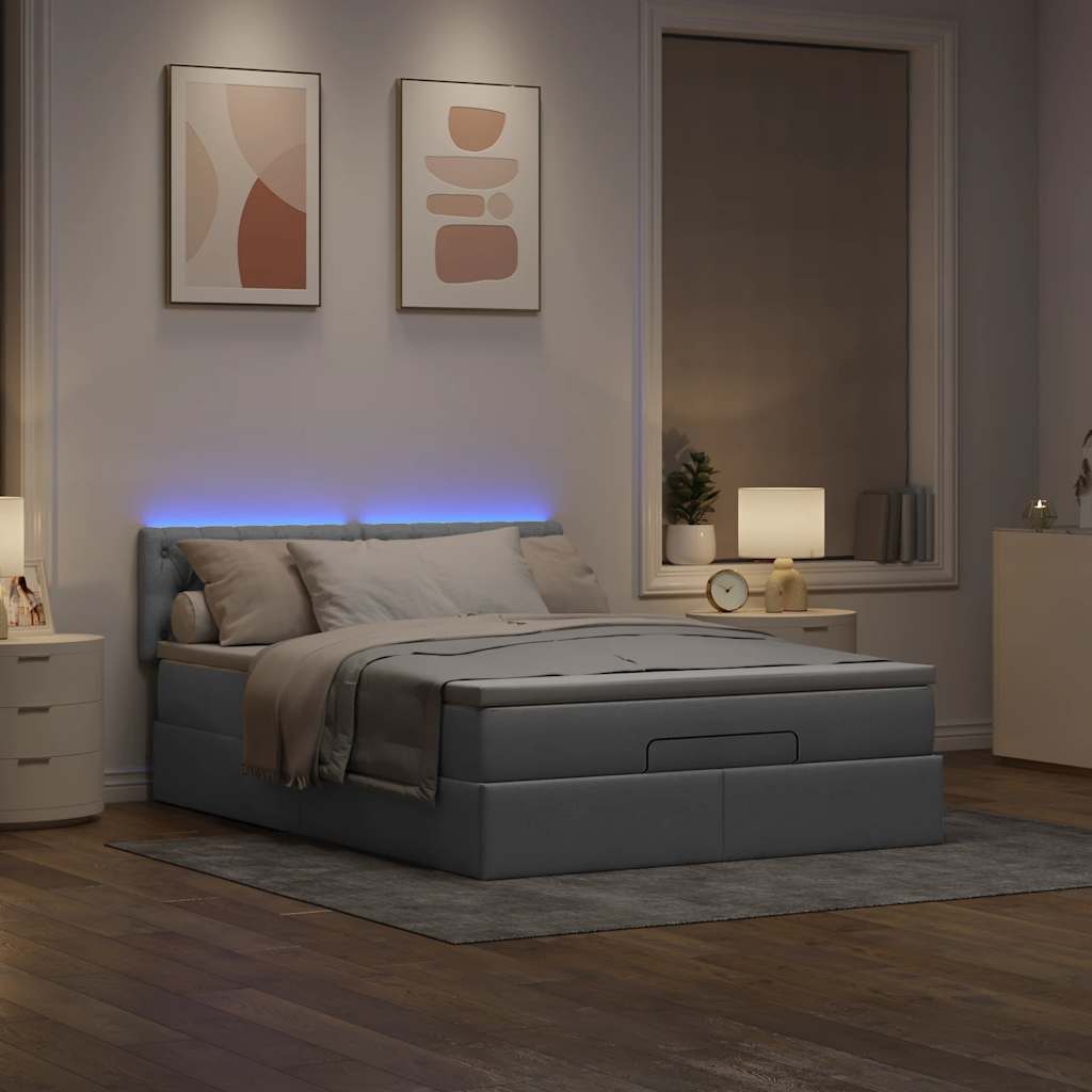 vidaXL Bed poef met matras en LED's stof 140x190 cm lichtgrijs afbeelding