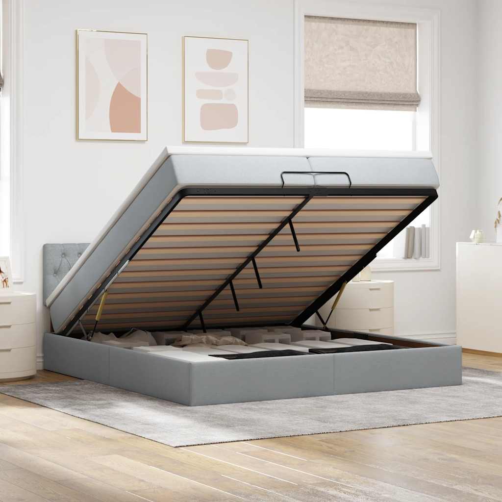 Ottomansk sengeramme med madrasser 200x200 cm - stof, lysegrå, med LED