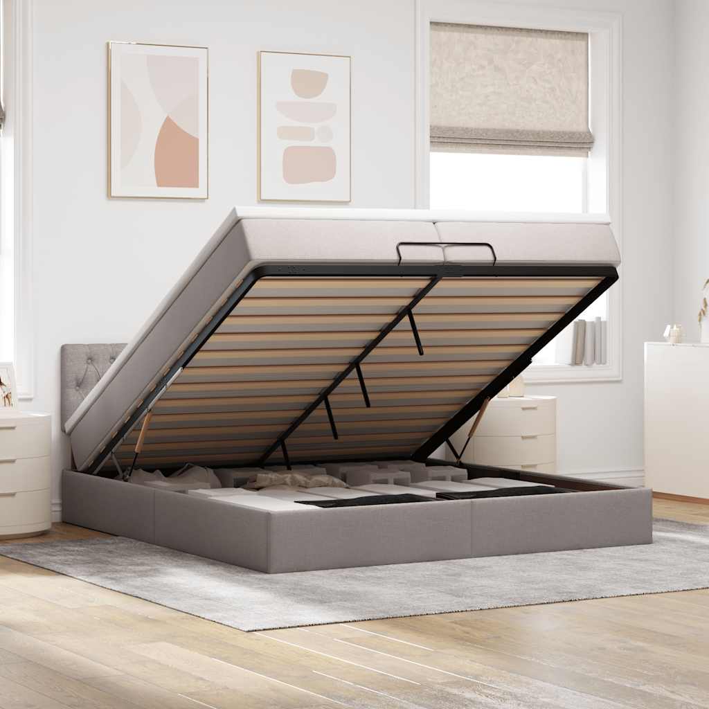 Osmannisk sengeramme 200x200 cm i gråbrun stof med 2 madrasser, topmadras og LED-lys