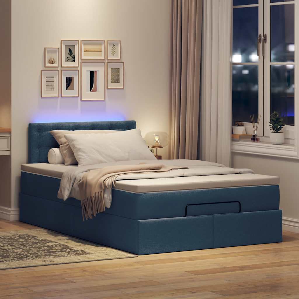 vidaXL Ottoman-Bett mit Matratze & LEDs Blau 120x190 cm Stoff