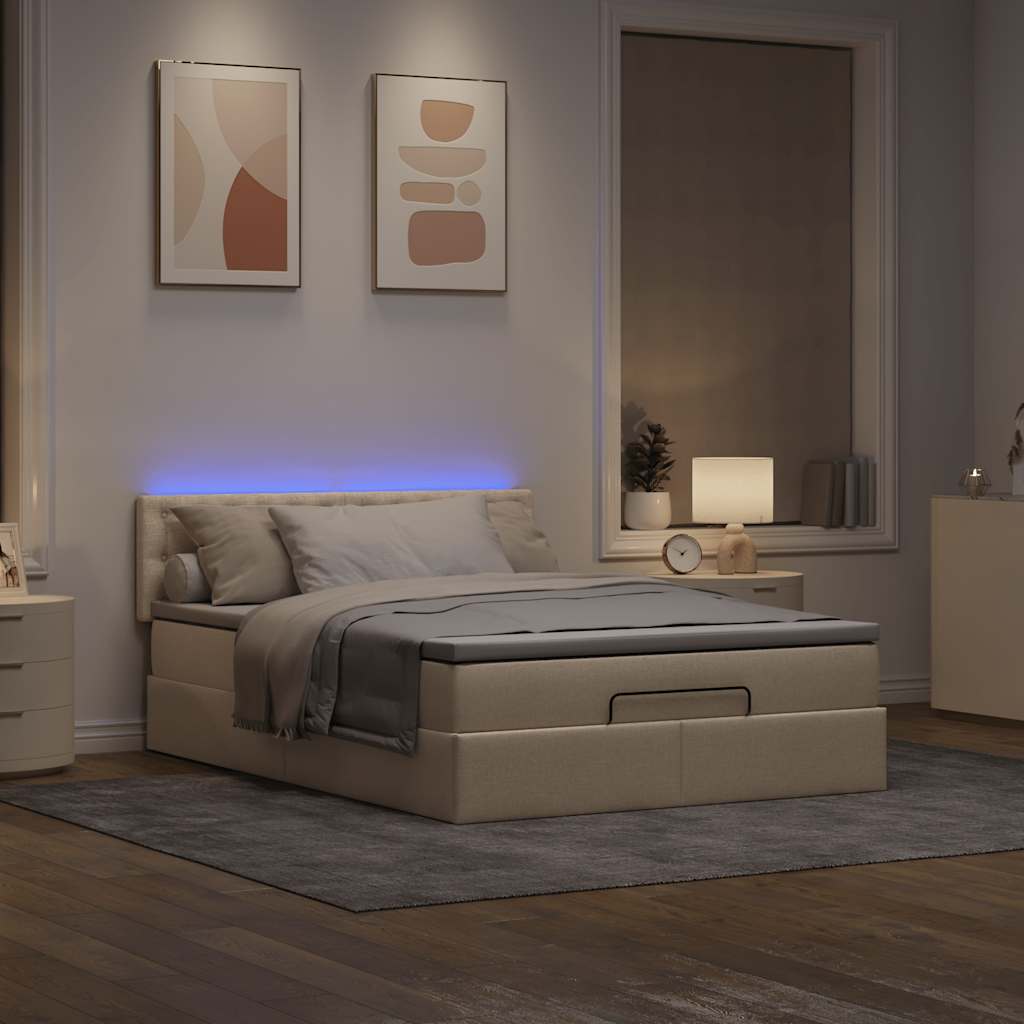vidaXL Bed poef met matras en LED's 140x200 cm stof crèmekleurig afbeelding