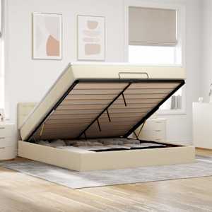 Otomanska postelja z vzmetnico & LEDs krema 180x200 cm blago