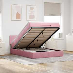 Otomanska postelja z vzmetnico & LEDs roza 140x190cm žamet