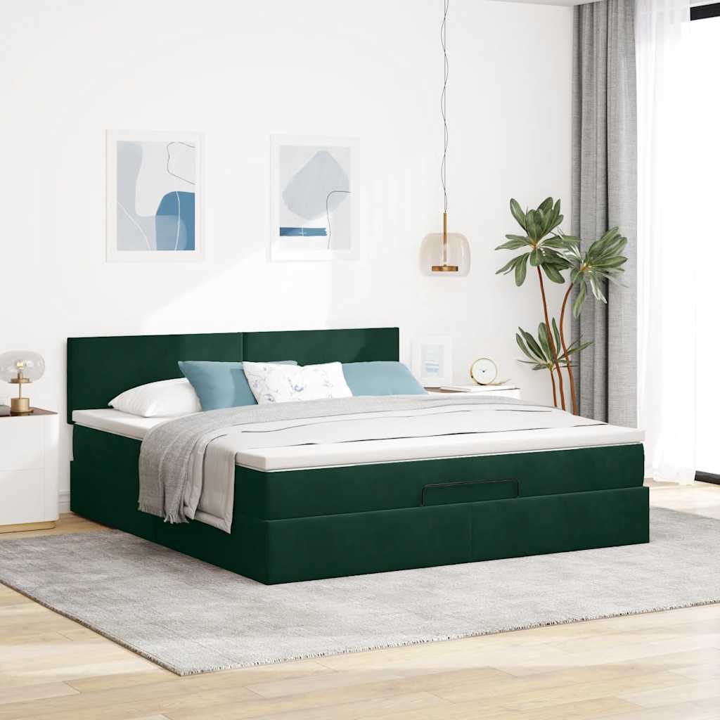 Osmanský rám postele s matrací tmavě zelená 200x200cm samet - obrázek 4