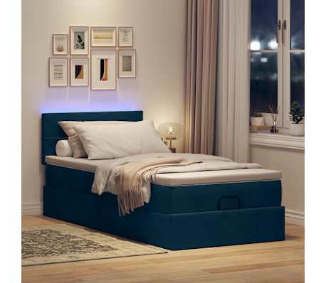 vidaXL Otomanska postelja z vzmetnico&LEDs temno modra 80x200cm žamet