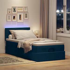 vidaXL Otomanska postelja z vzmetnico&LEDs temno modra 80x200cm žamet