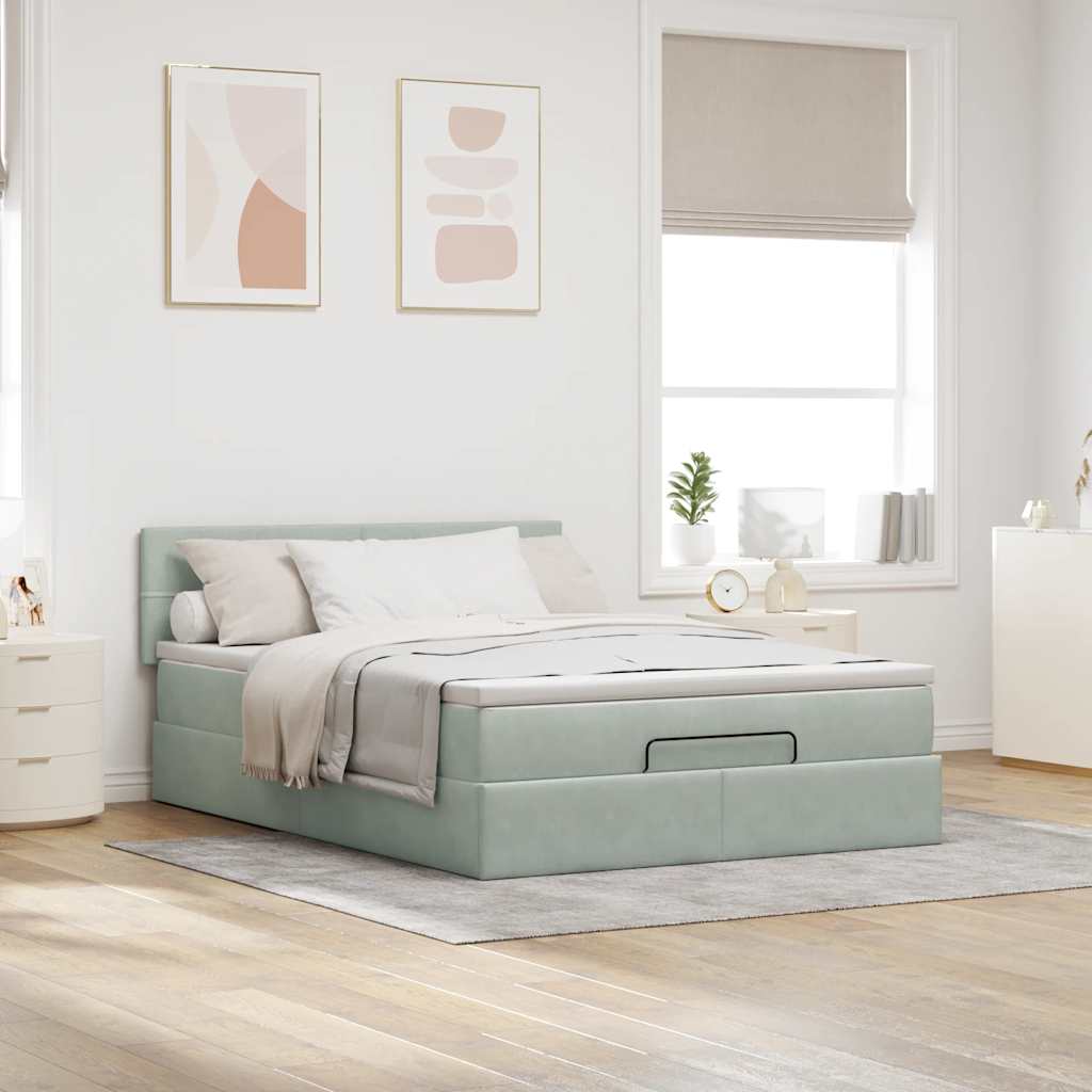 vidaXL Ottoman bed met matras en LED's 140x200cm fluweel lichtgrijs grijs, foto 2