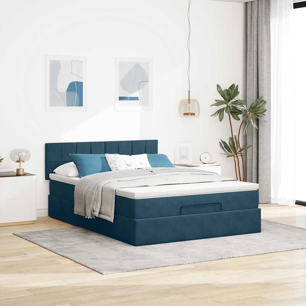 vidaXL Ottoman bed met matras en LED's 140x200cm fluweel donkerblauw blauw, foto 2