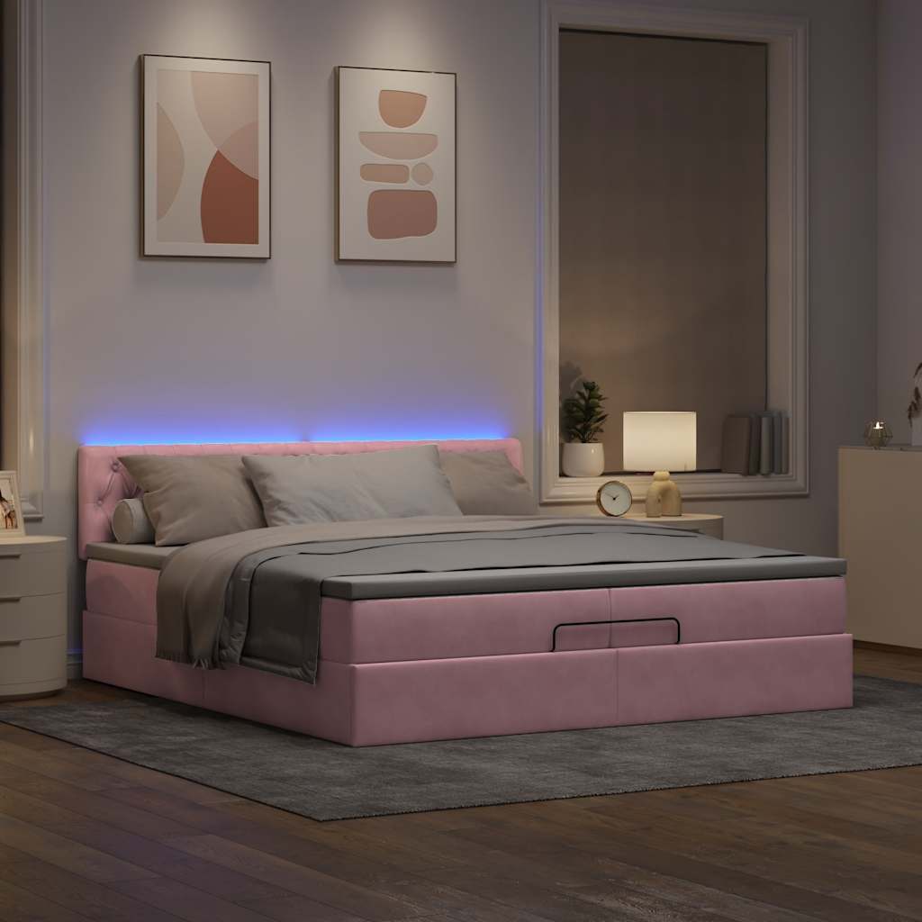 vidaXL Ottoman bed met matrassen en LED's 200x200cm fluweel roze, foto 2
