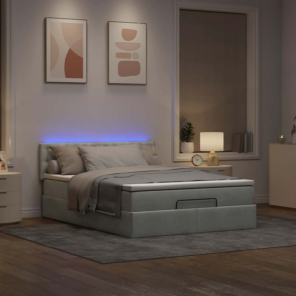 vidaXL Ottoman bed met matras en LED's 140x190cm fluweel lichtgrijs grijs, foto 2