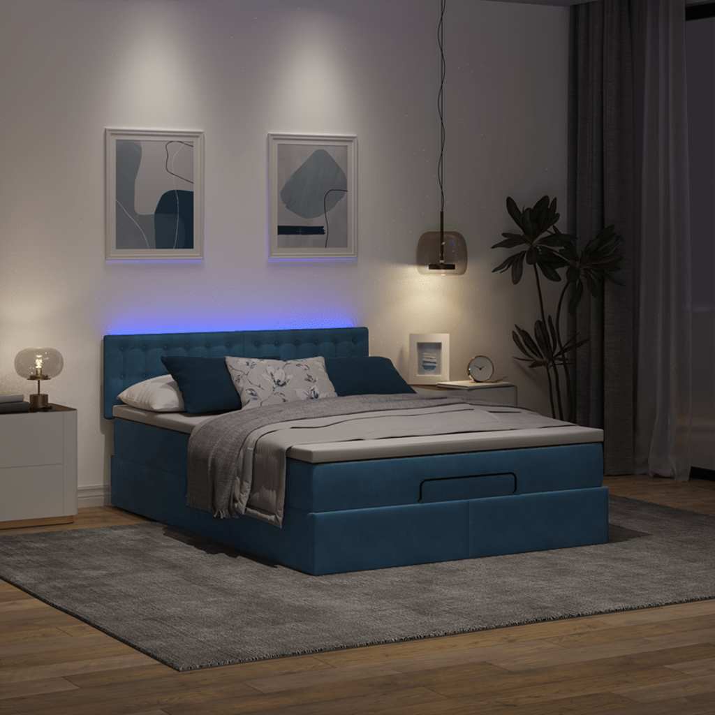 vidaXL Ottoman bed met matras en LED's 140x190cm fluweel donkerblauw afbeelding