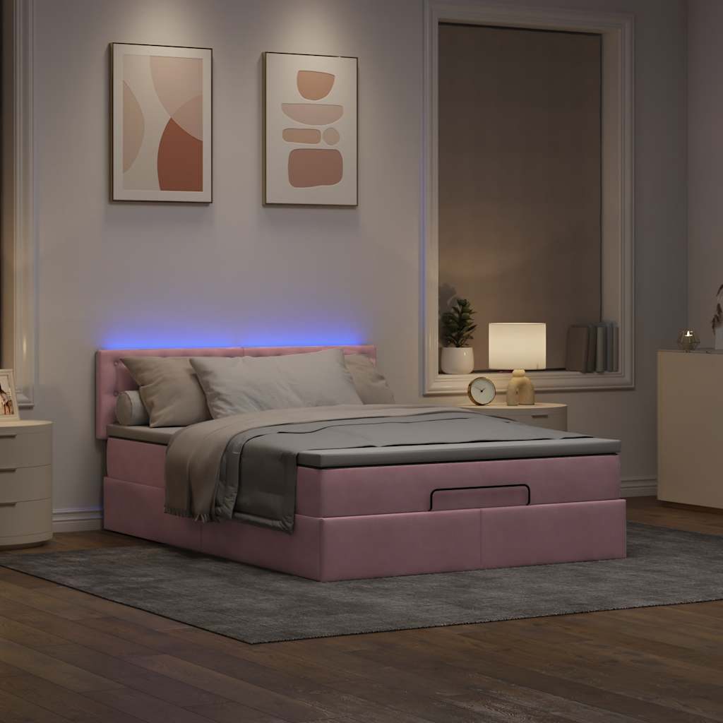 vidaXL Ottoman bed met matras en LED's 140x190cm fluweel roze afbeelding