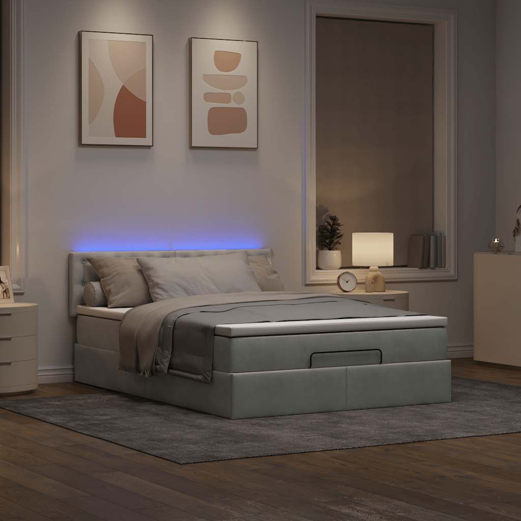 vidaXL Ottoman bed met matras en LED's 140x200cm fluweel lichtgrijs grijs, foto 2