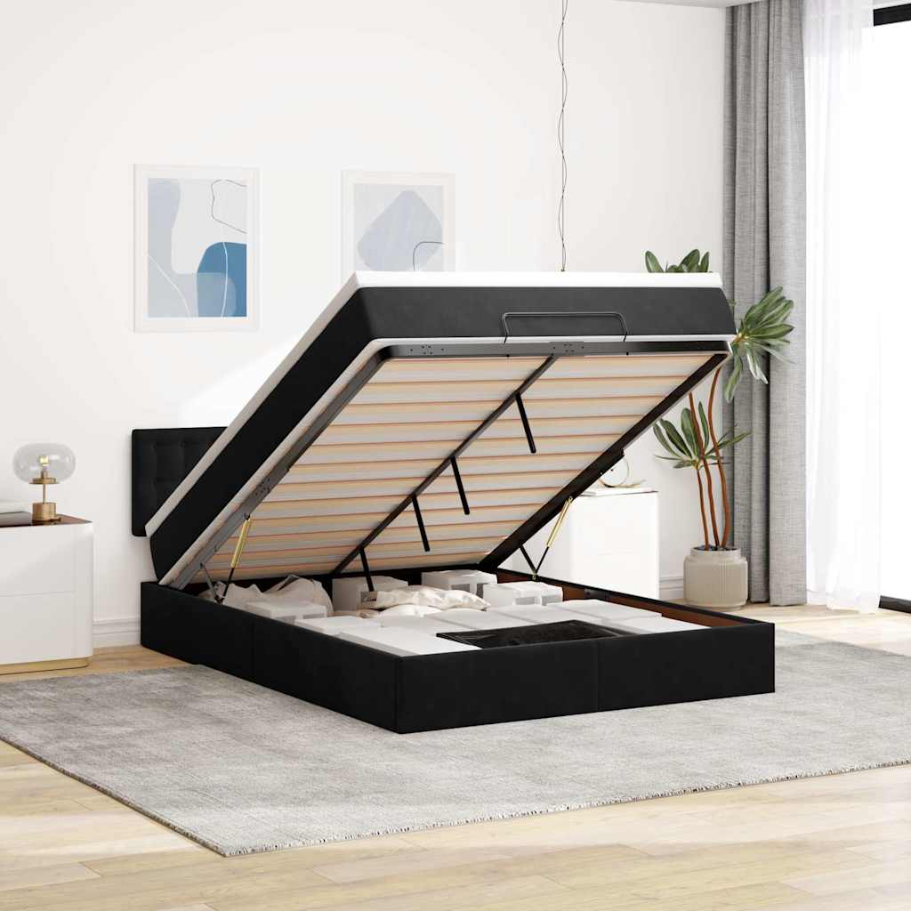 Ottomansk sengeramme med madras 140x200 cm - fløjl, sort, med LED