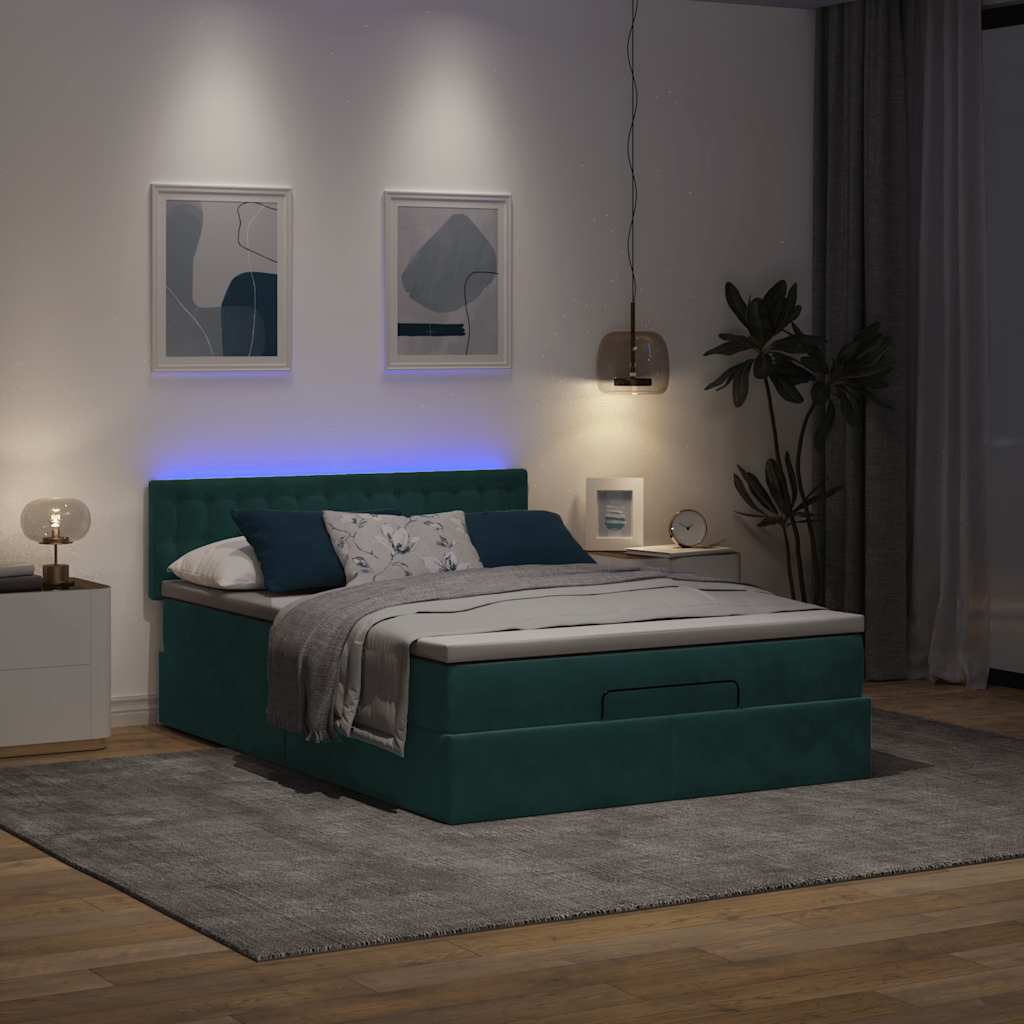 vidaXL Ottoman bed met matras en LED's 140x200cm fluweel donkergroen afbeelding