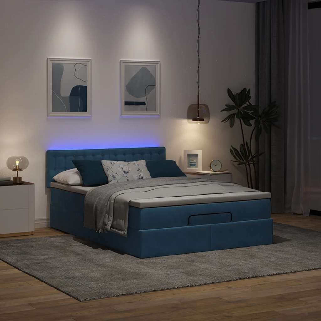 vidaXL Ottoman bed met matras en LED's 140x200cm fluweel donkerblauw afbeelding