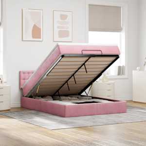 Otomanska postelja z vzmetnico & LEDs roza 140x200cm žamet