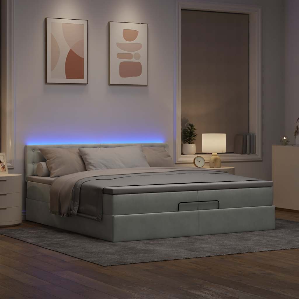 vidaXL Ottoman bed met matrassen en LED's 200x200cm fluweel lichtgrijs afbeelding