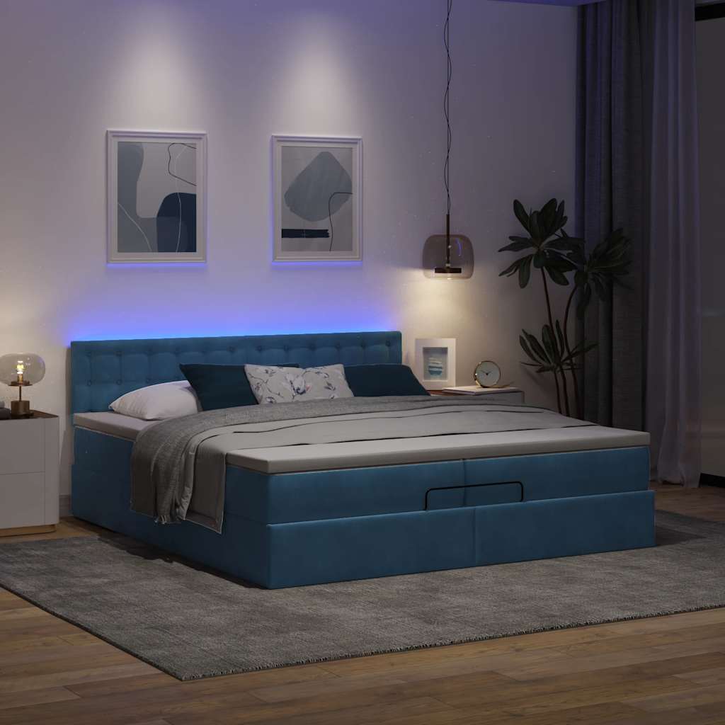 vidaXL Bed poef met matrassen en leds 200x200 cm fluweel donkerblauw afbeelding
