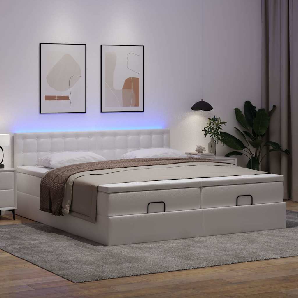 vidaXL Ottoman bed met matrassen en LED's 200x200cm kunstleer wit afbeelding
