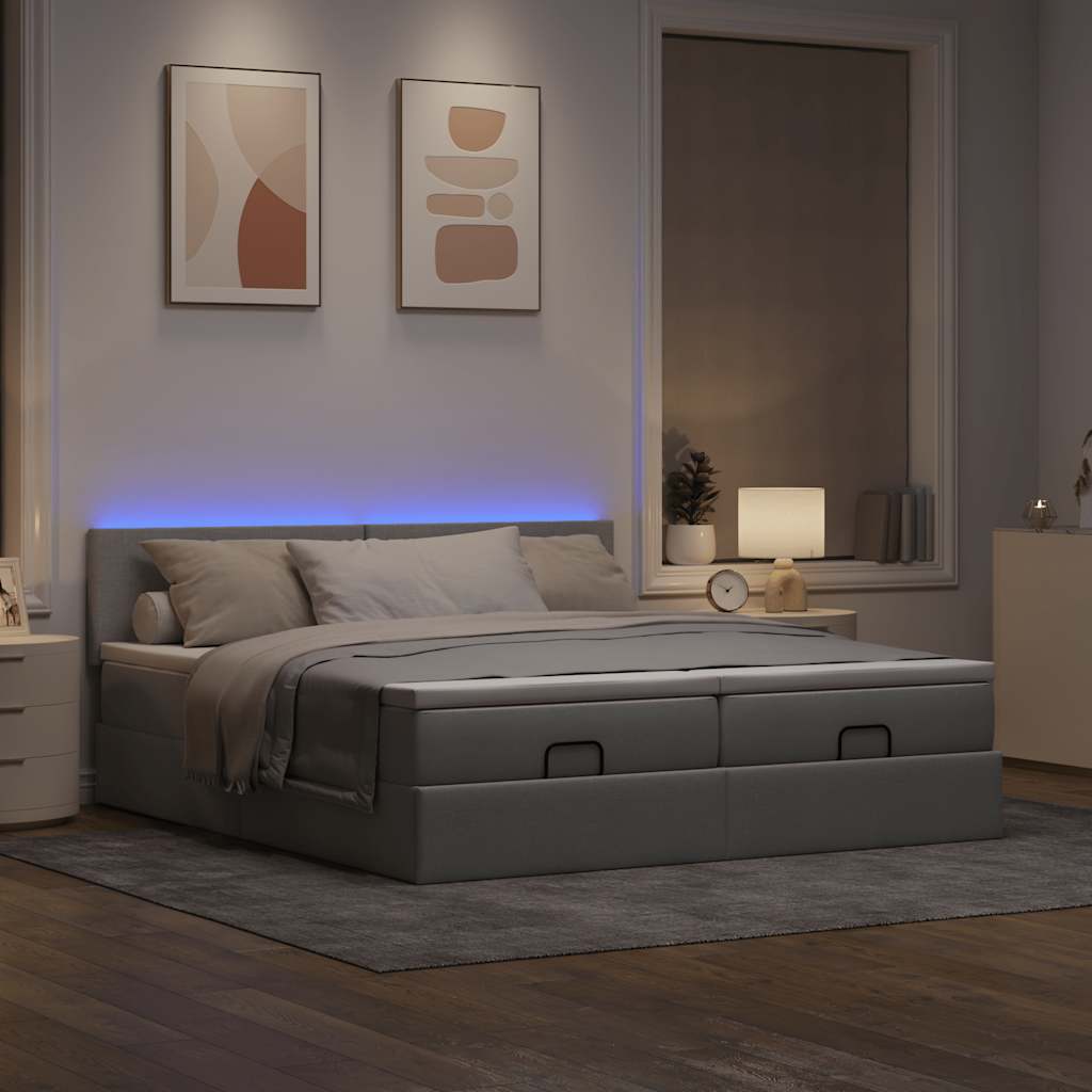 vidaXL Ottoman bed met matrassen en LED's 180x200cm stof lichtgrijs afbeelding