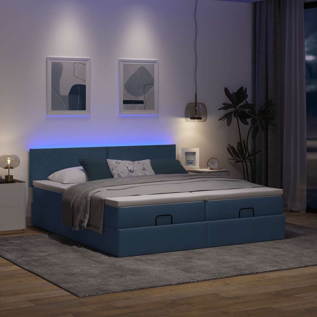 vidaXL Ottoman-Bett mit Matratzen & LEDs Blau 180x200 cm Stoff