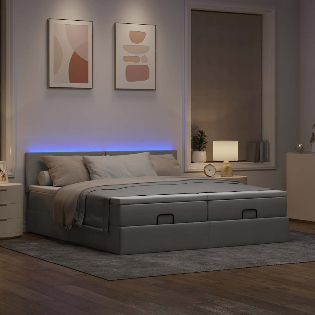 vidaXL Ottoman bed met matrassen en LED's 200x200cm stof lichtgrijs afbeelding