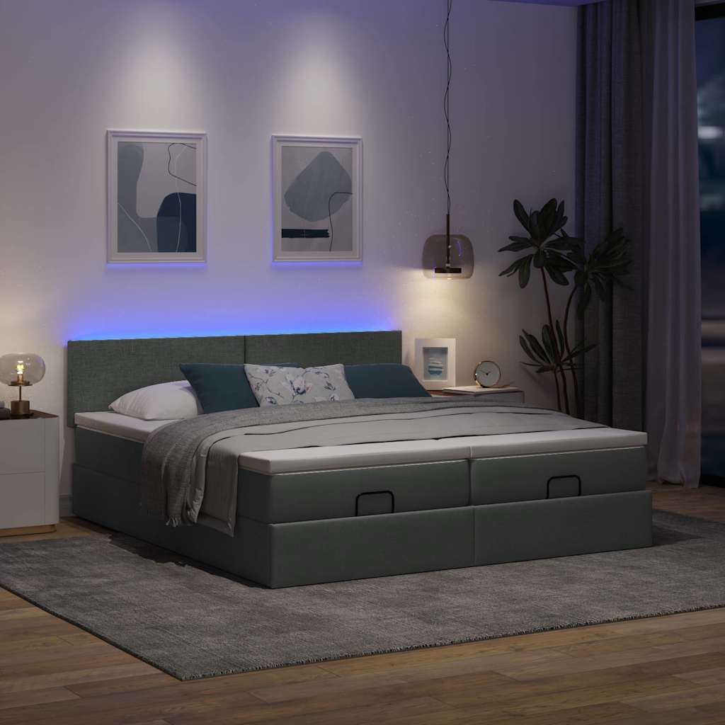 vidaXL Ottoman bed met matrassen en LED's 200x200cm stof donkergrijs afbeelding