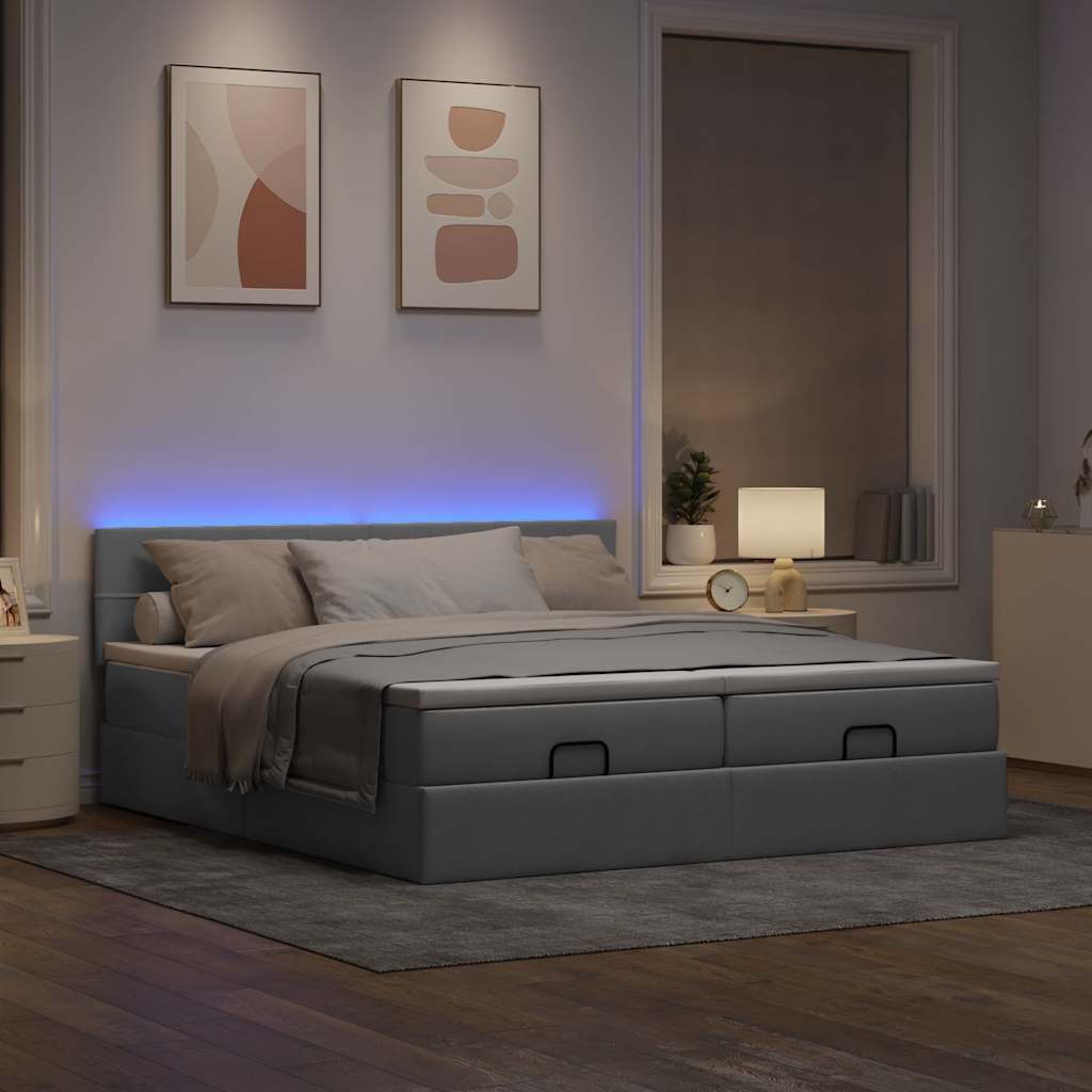 vidaXL Ottoman bed met matrassen en LED's 200x200cm stof lichtgrijs afbeelding