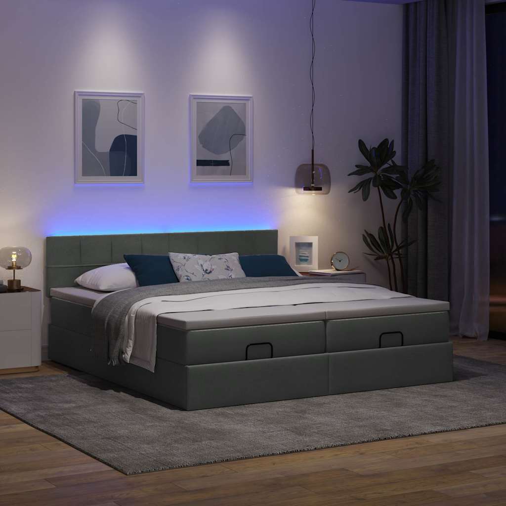 vidaXL Ottoman bed met matrassen en LED's 200x200cm stof donkergrijs afbeelding
