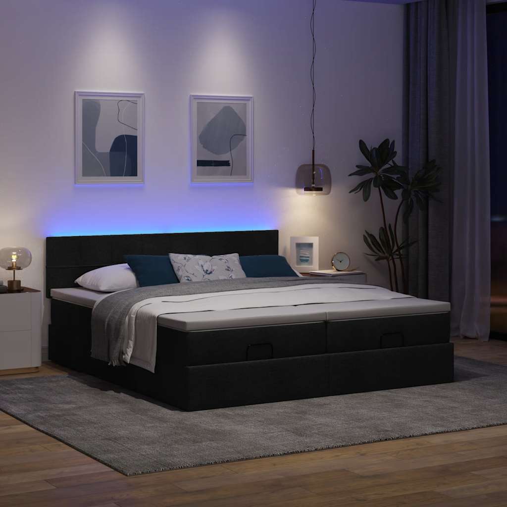 vidaXL Ottoman bed met matrassen en LED's 200x200cm stof zwart afbeelding