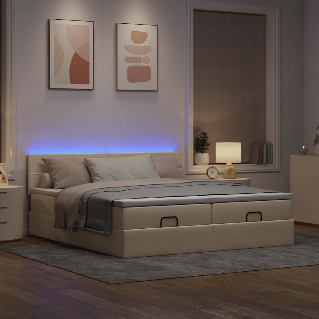 vidaXL Ottoman bed met matrassen en LED's 200x200cm stof crèmekleurig afbeelding