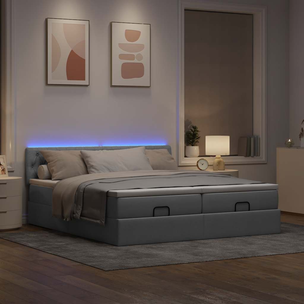 vidaXL Ottoman bed met matrassen en LED's 180x200cm stof lichtgrijs afbeelding