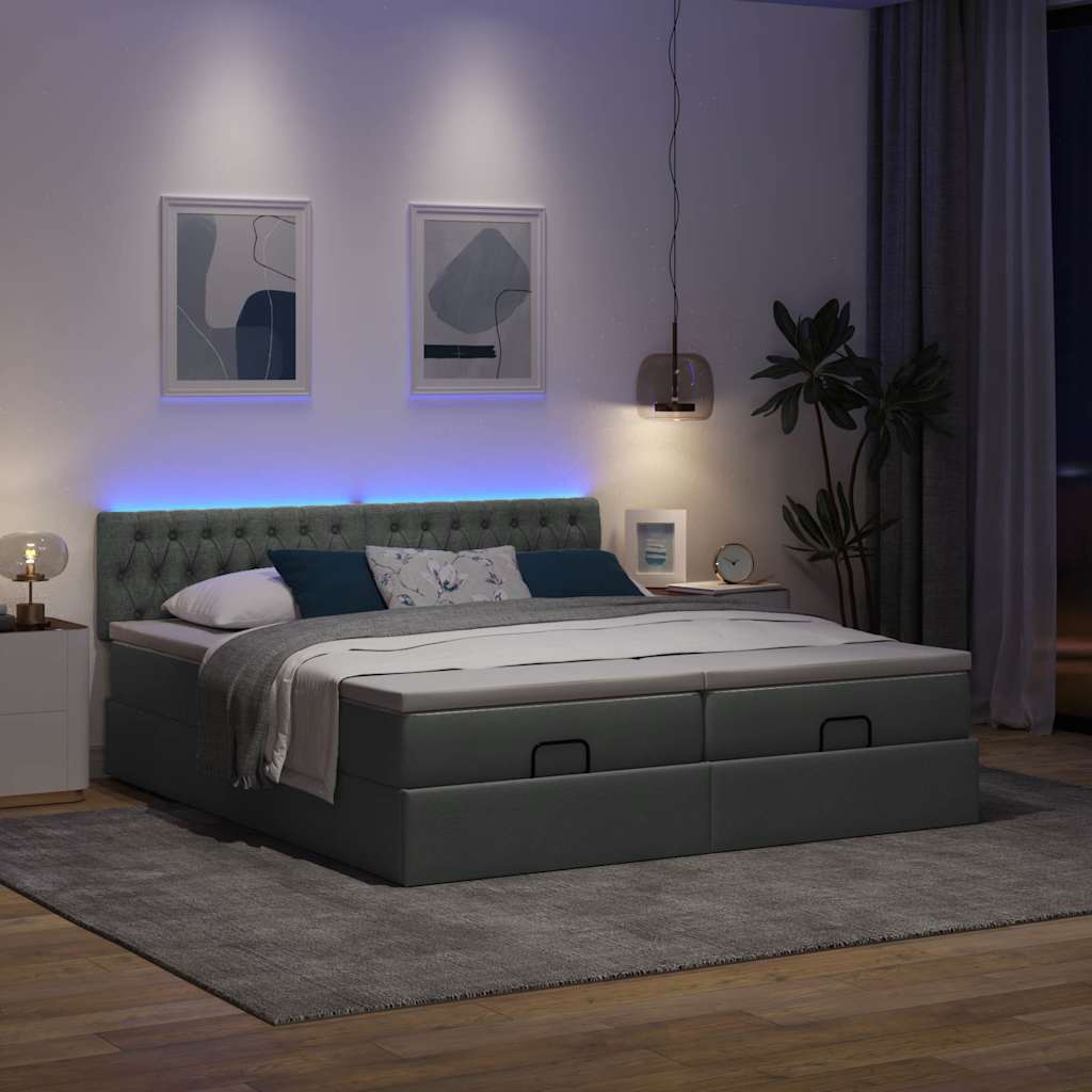 vidaXL Ottoman bed met matrassen en LED's 200x200cm stof donkergrijs afbeelding