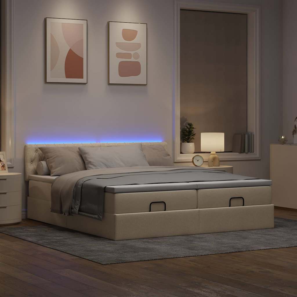 vidaXL Ottoman bed met matrassen en LED's 200x200cm stof crèmekleurig, foto 2