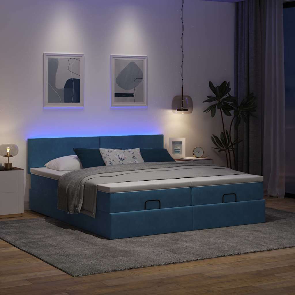 vidaXL Bed poef met matrassen en leds 200x200 cm fluweel donkerblauw afbeelding