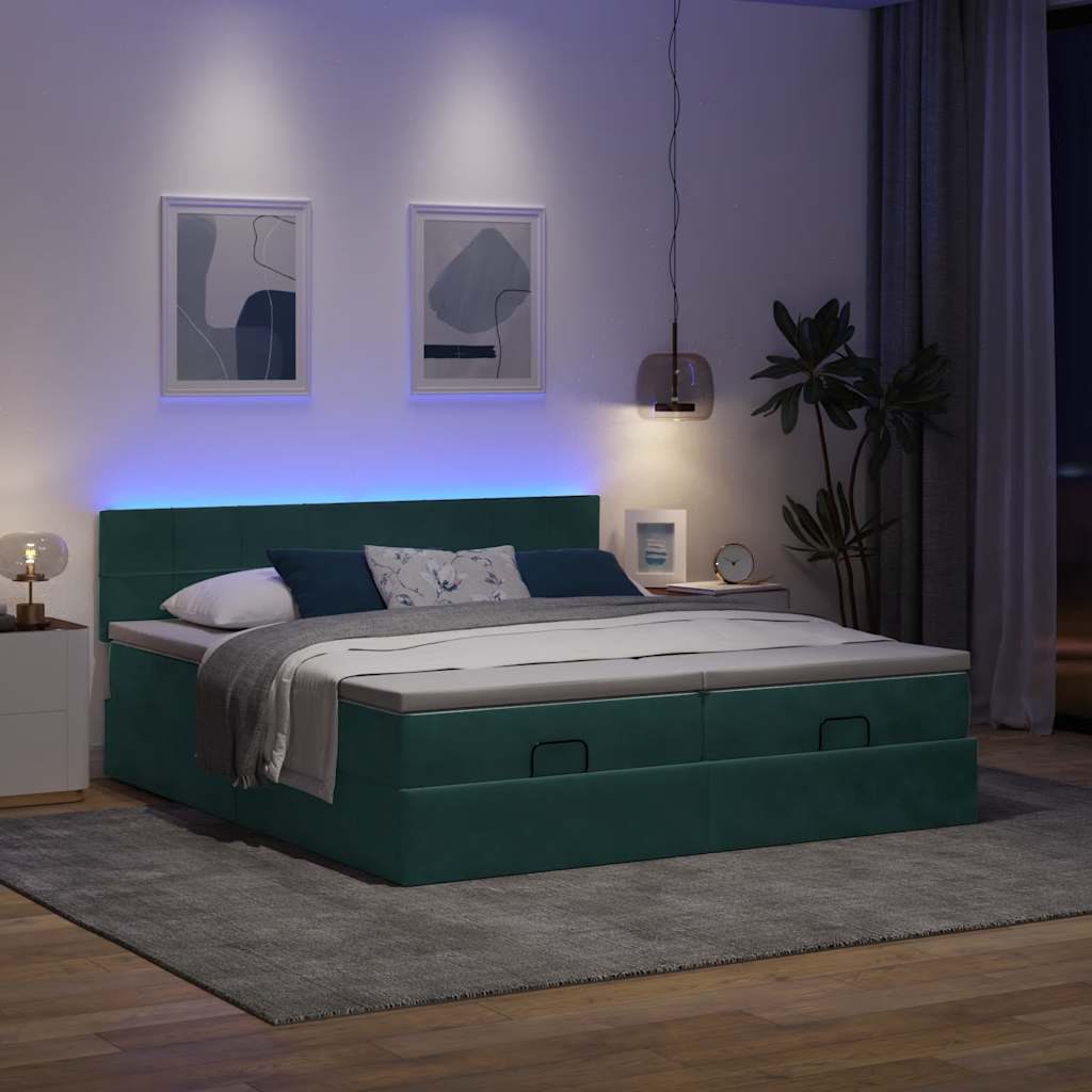 Thumbnail - vidaXL Ottoman-Bett mit Matratzen & LEDs Dunkelgrün 200x200 cm Samt