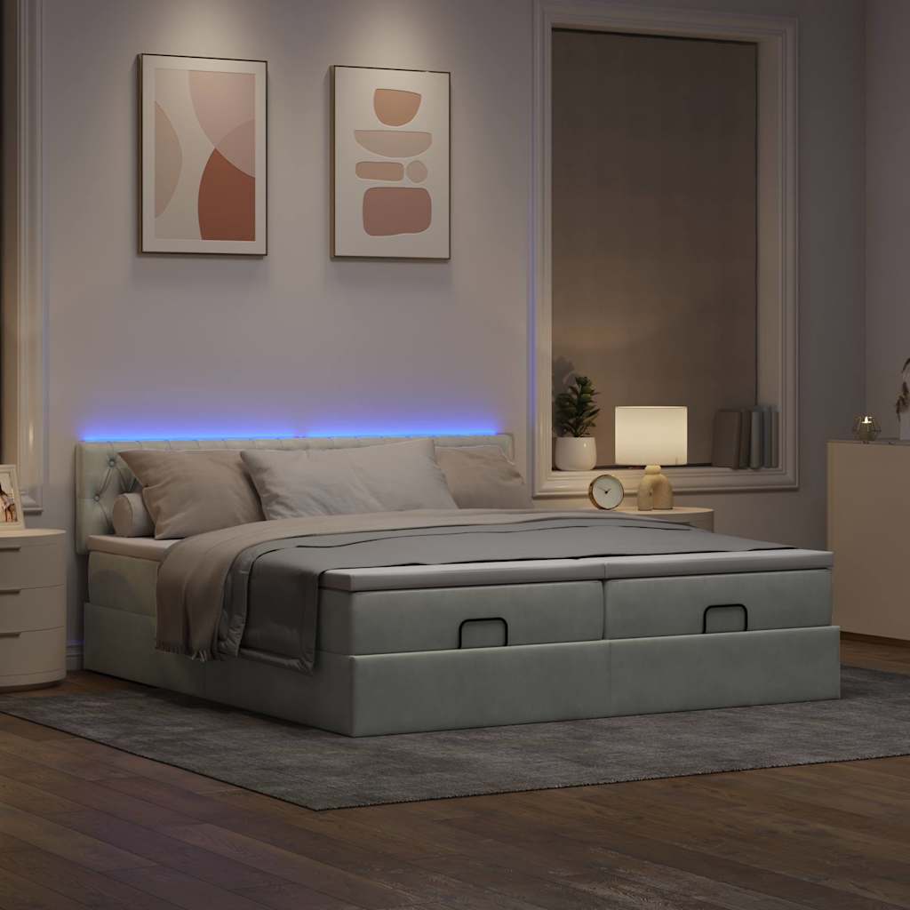 Thumbnail - vidaXL Ottoman-Bett mit Matratzen & LEDs Hellgrau 200x200 cm Samt