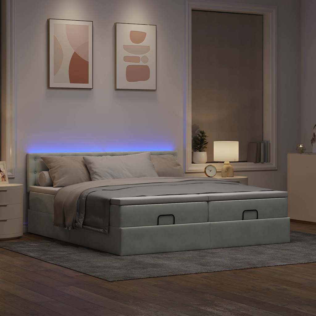 vidaXL Ottoman bed met matrassen en LED's 200x200cm fluweel lichtgrijs afbeelding