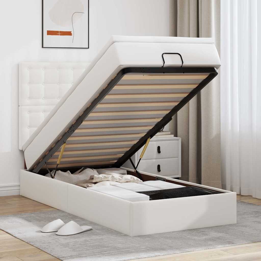 vidaXL Pat otoman cu saltea, alb, 90x190cm, piele ecologică